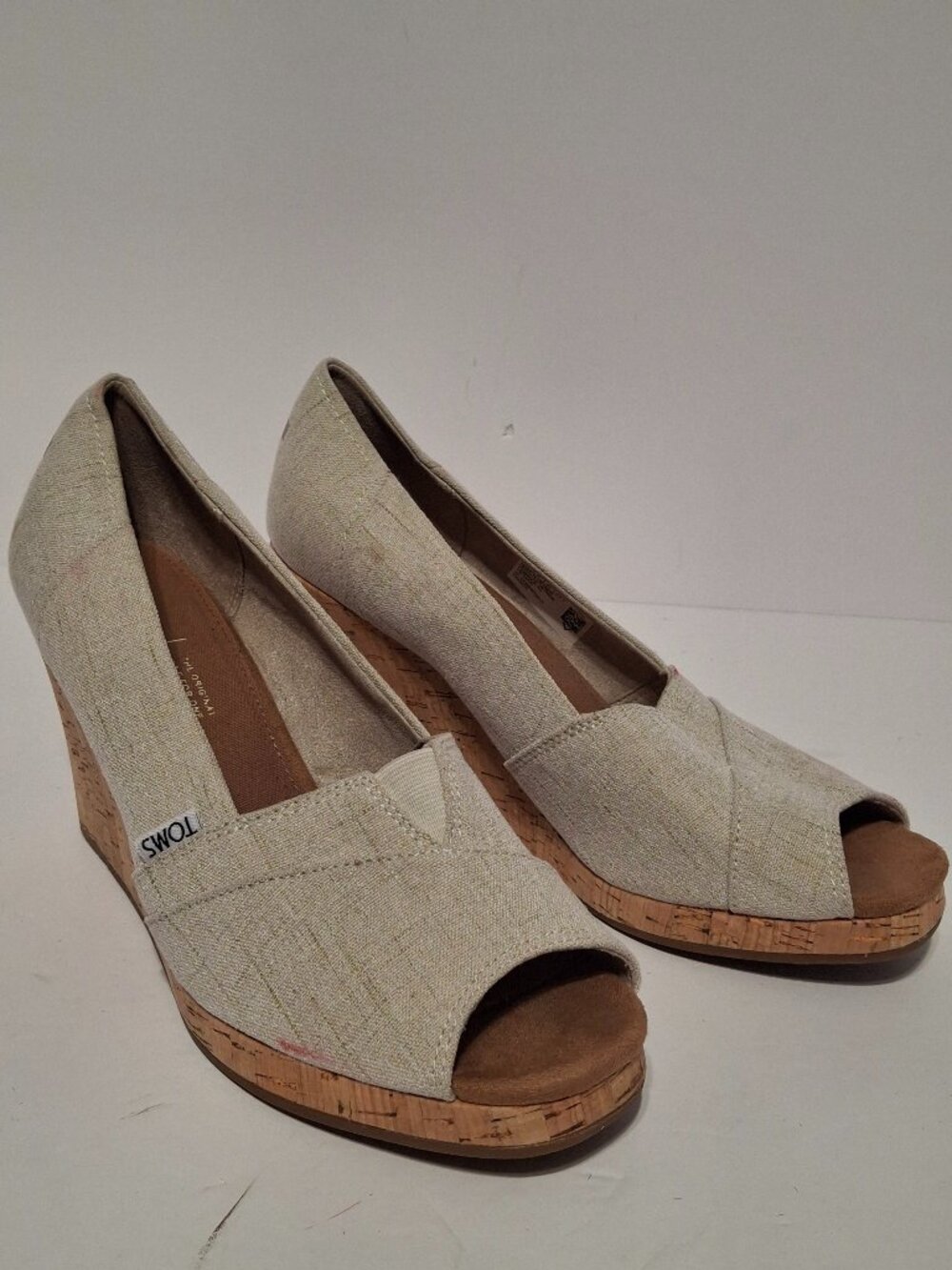 TOMS Stella Natural Linen Peep Toe Cork Wedge Heels Beige Neutral